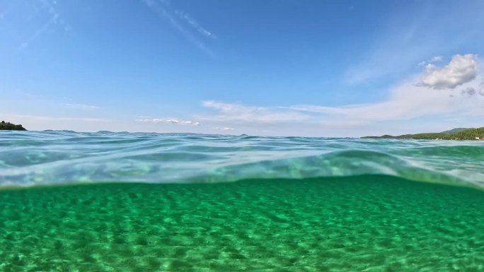 半水下的沙滩底部，蓝天和云的慢动作视图。希腊哈尔基迪基岛锡托尼亚清澈的海水。从空气和水的边界与圆顶拍