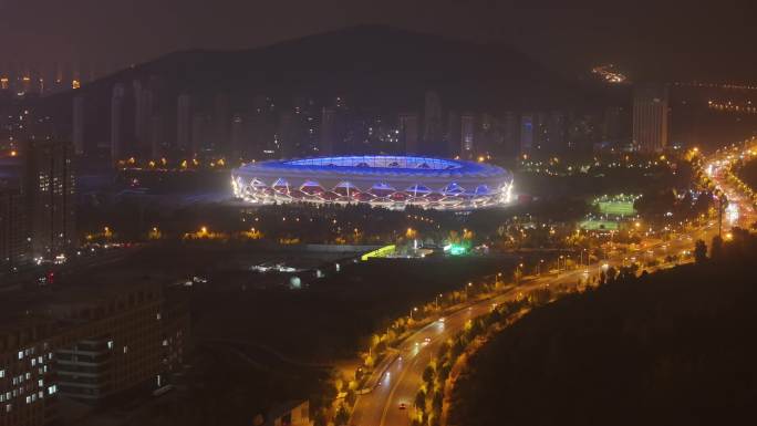 航拍枣庄新城文体中心夜景