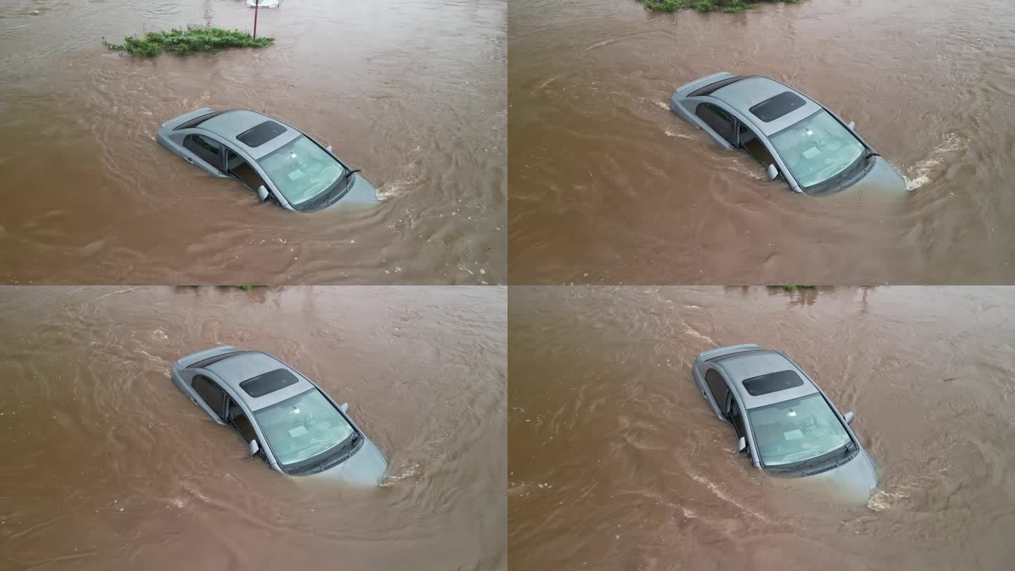 无人机拍摄了加拿大贝德福德暴雨后被淹汽车的停车场。