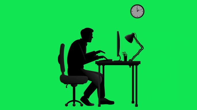 人用电脑独自在办公室工作，动画孤立在色度键背景上