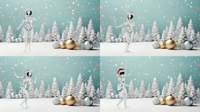 一个戴着圣诞帽跳舞的机器人女孩。
