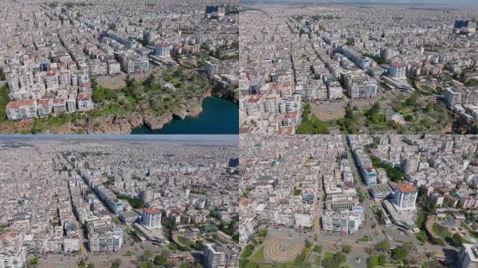 大都市的鸟瞰图。数以百计的多层公寓楼或酒店靠近海岸。土耳其安塔利亚