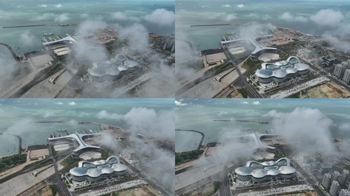 海口国际免税城新海港码头航拍4k视频