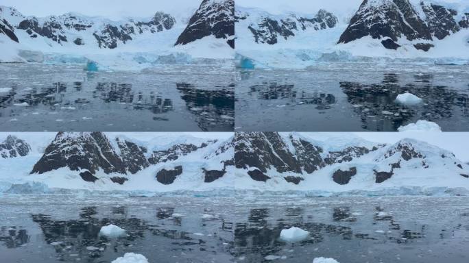 南极海船经过冰川和浮冰
