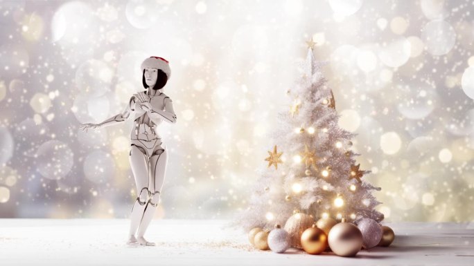 一个戴着圣诞帽跳舞的机器人女孩。