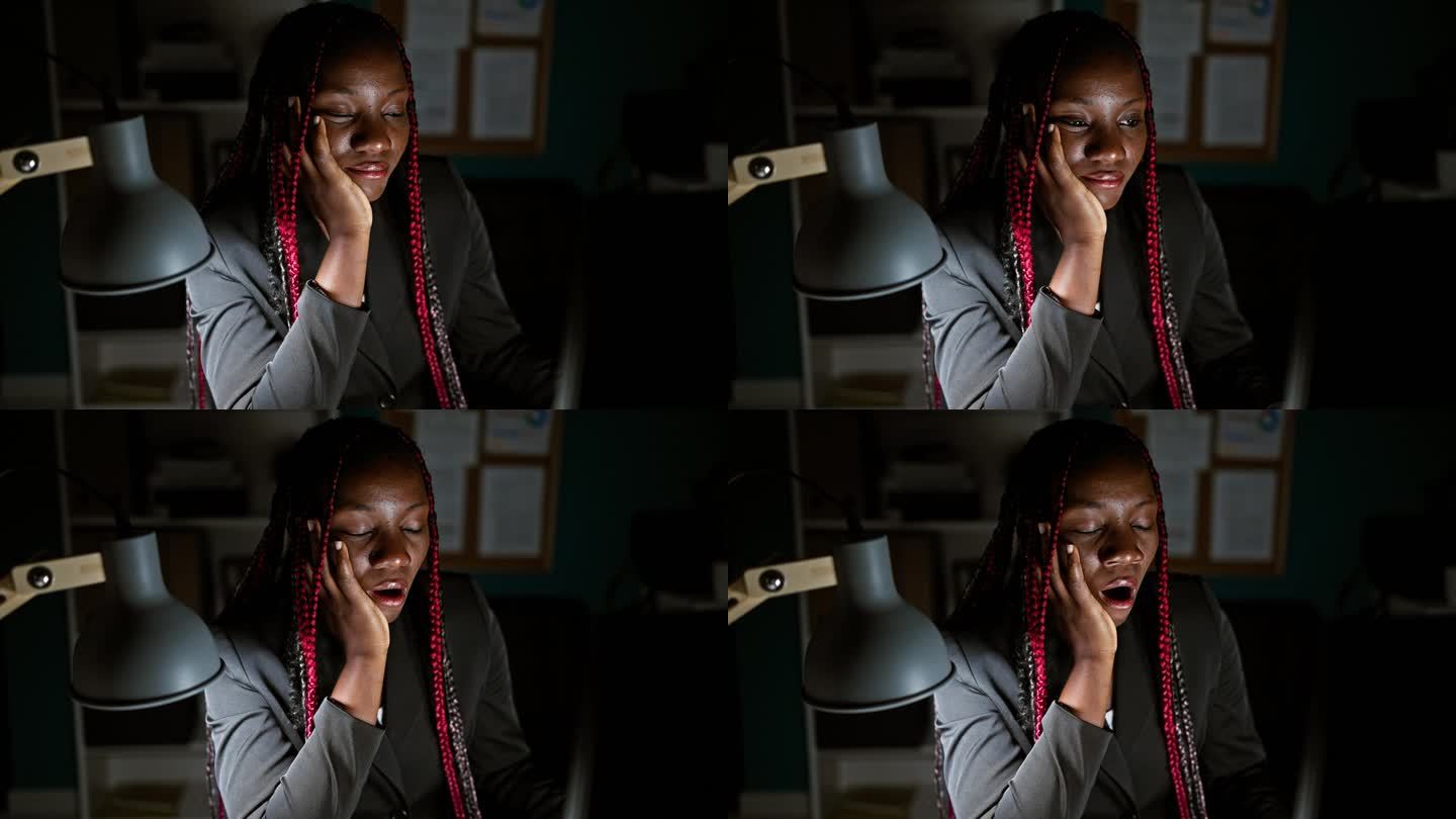 劳累过度的非裔美国女性商务工作者在办公室上晚班，在昏暗的灯光下专注于电脑屏幕。