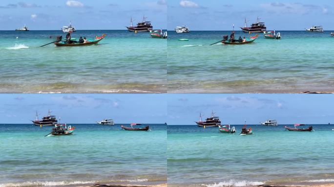 泰国长尾摩托艇从岸边驶出，在碧绿的海水中驶向大海