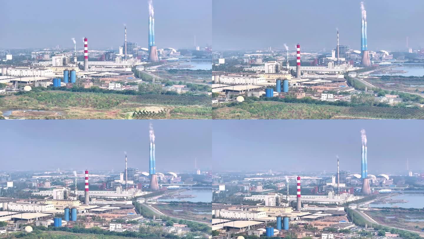 航拍扬州港火力发电厂江边烟囱工厂江岸