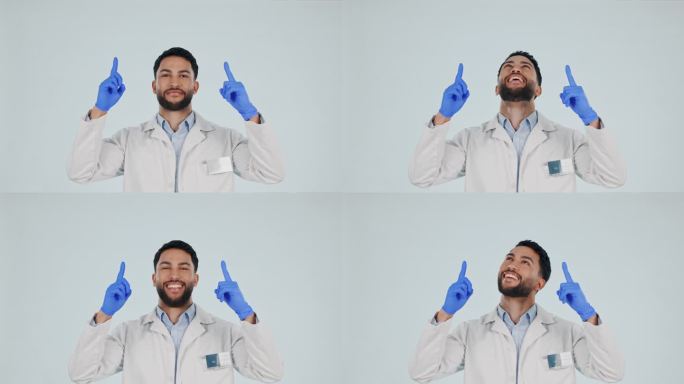 医生，在工作室广告，公告或手套中指向上方和男人的肖像。演示，双手和快乐的摩洛哥卫生保健工作者在一个白