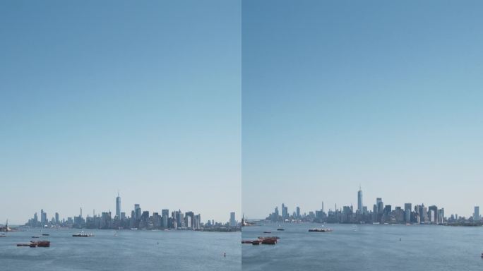 垂直屏幕:曼哈顿岛与办公室和公寓大楼的航拍镜头。哈德逊河风景与游艇，船只，一个世界贸易中心摩天大楼在