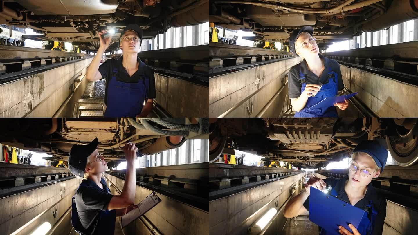 年轻的女工程师在检查坑里用手电筒检查车厢下面的火车部件
