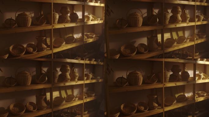 摆满柳编荆编手艺术品的货架