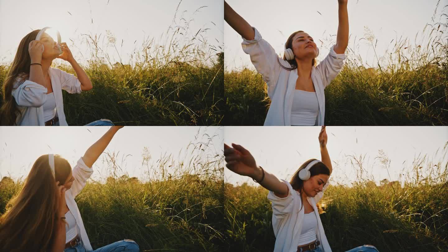 夕阳下，年轻女子在田野里欣赏音乐