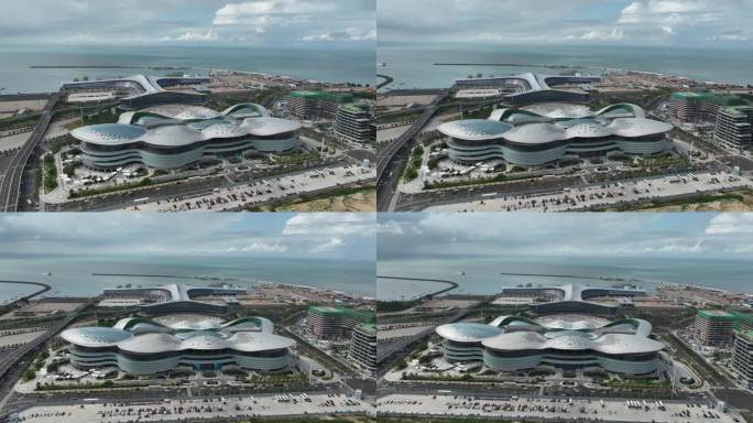 海口国际免税城新海港码头航拍4k视频