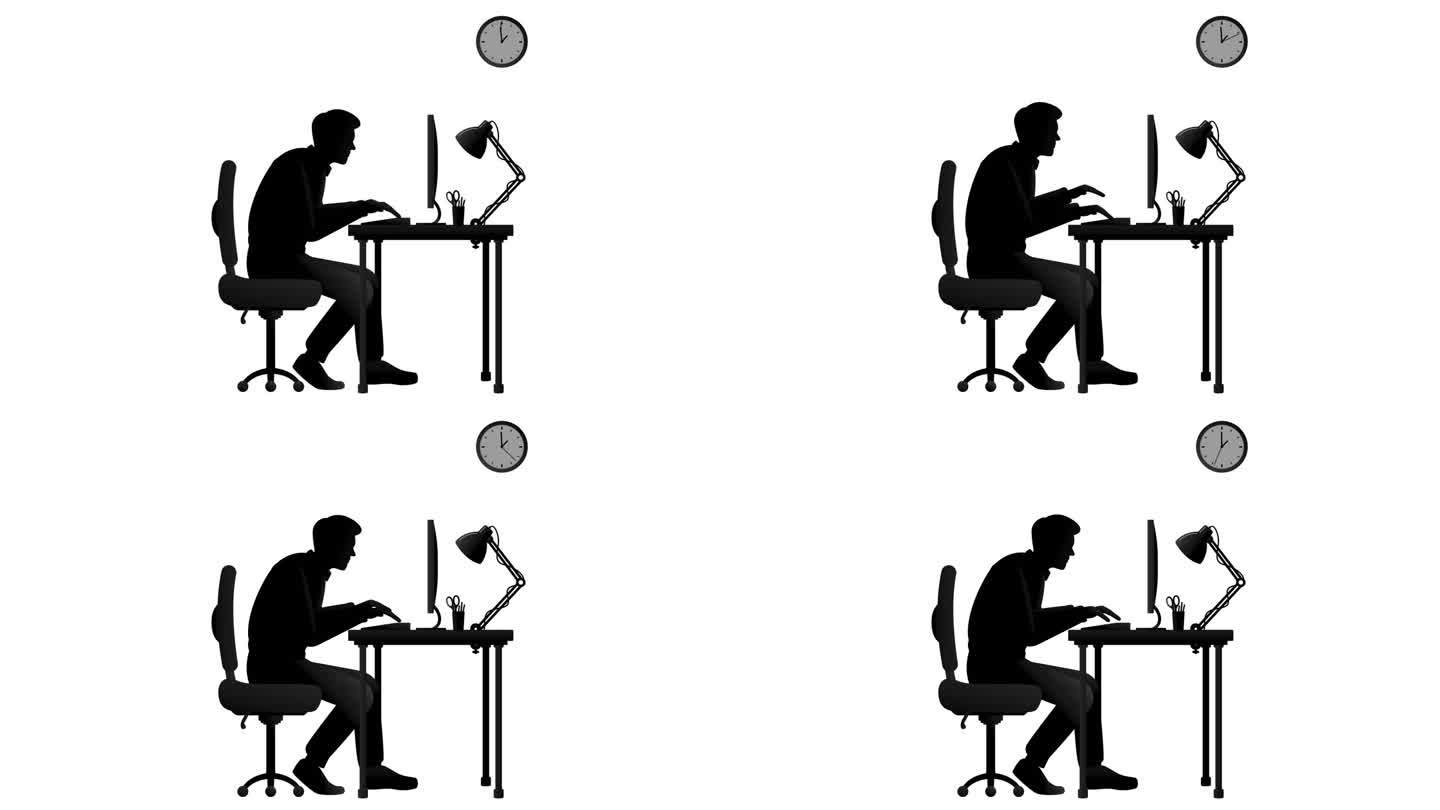男人用电脑独自在办公室工作，动画孤立在白色背景上