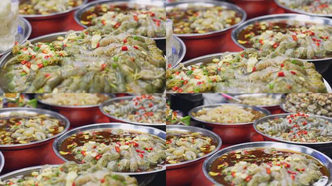 曼谷夜市的卤虾泰国夜市美食特写视频素材美