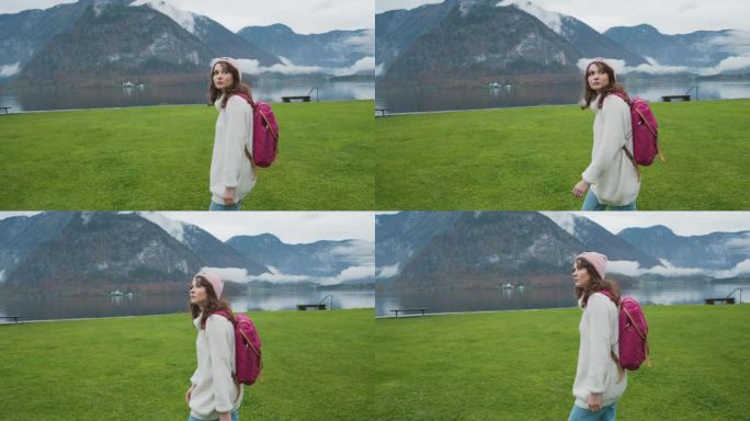 在奥地利的秋天，一名女子在湖边散步