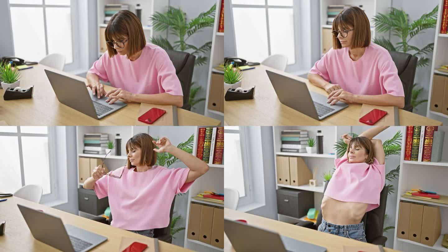 劳累过度但势不可挡的西班牙裔女性在成功的压力下在办公室休息了一会儿