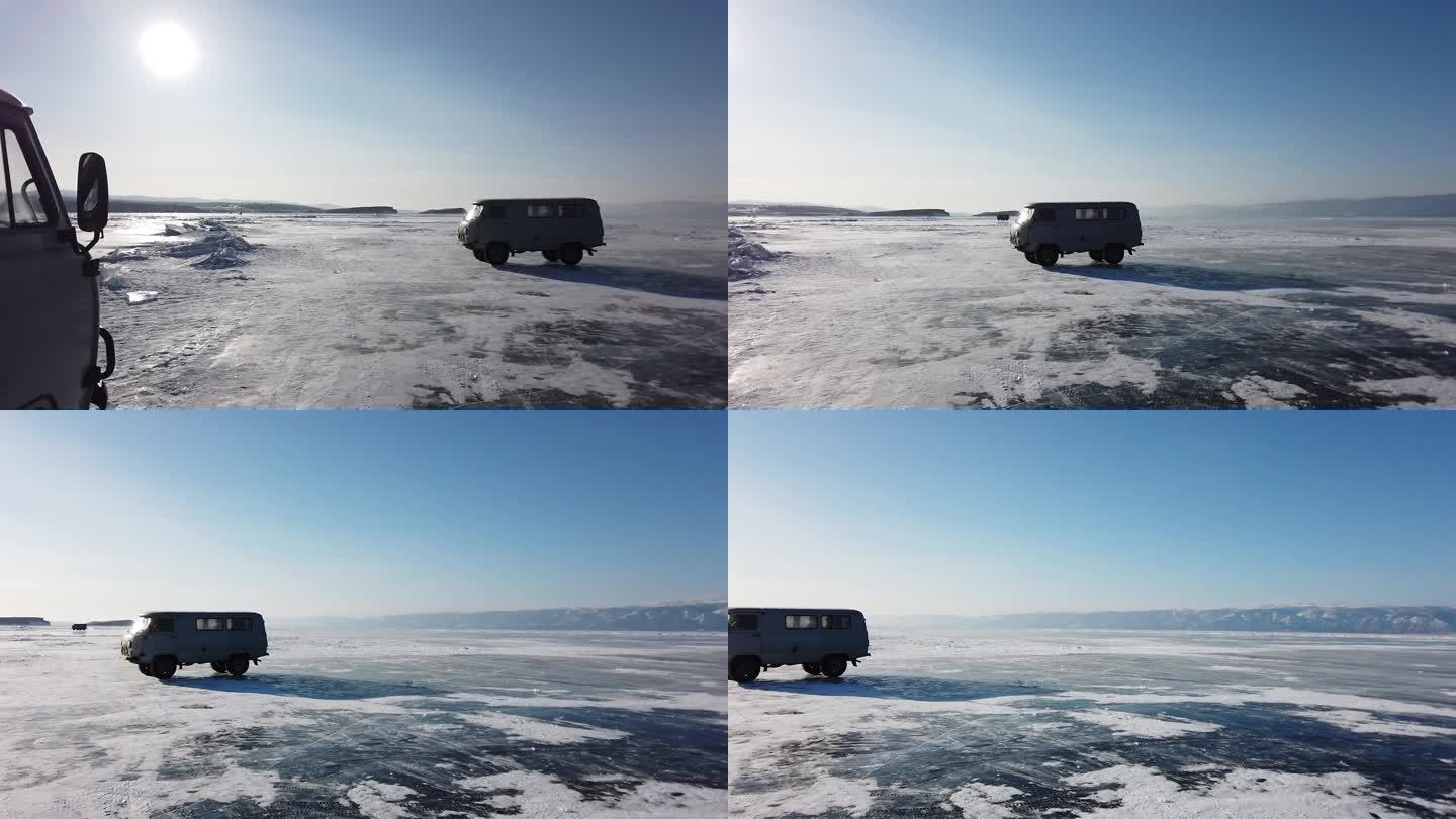 冬季在贝加尔湖上考察冰雪