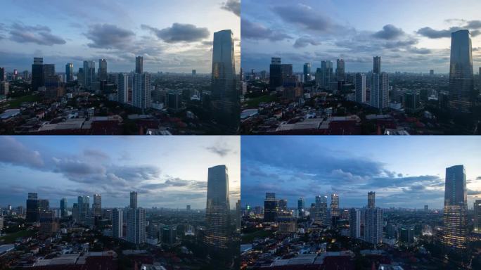 傍晚日落时间雅加达市中心屋顶全景4k延时拍摄印度尼西亚