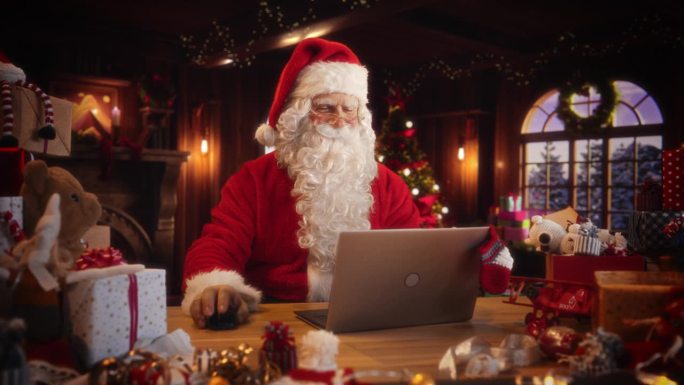 圣诞老人坐着使用现代笔记本电脑的弧线镜头。圣诞老人正在网上浏览，与客户沟通，管理着一个成功的网上购物