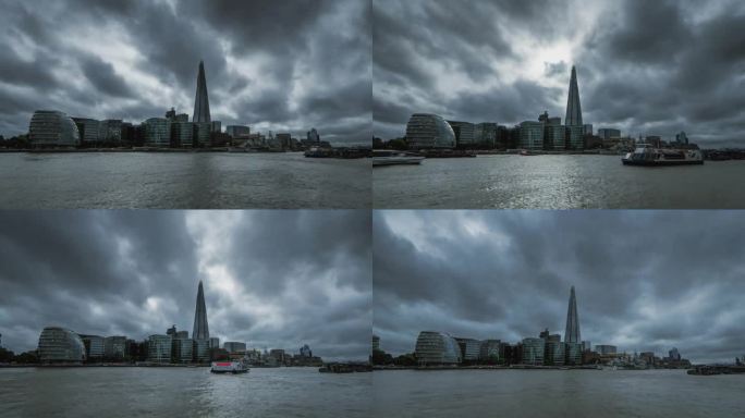 伦敦城市景观天际线与城市的标志性地标建筑与喜怒无常的暴风雨天空