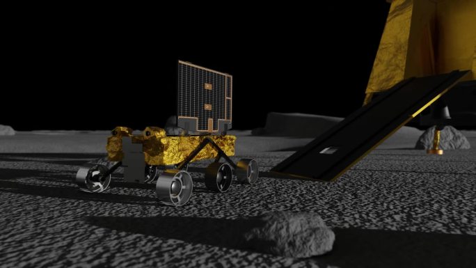 月船号月球车在月球上转向太阳的3D动画
