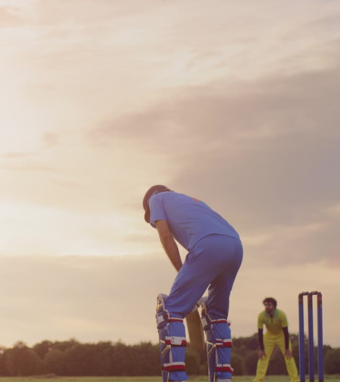 垂直画面:职业板球运动员在蓝色制服和防护头盔和护垫准备击球和赢得比赛。两个年轻的大学队伍在一个温暖的