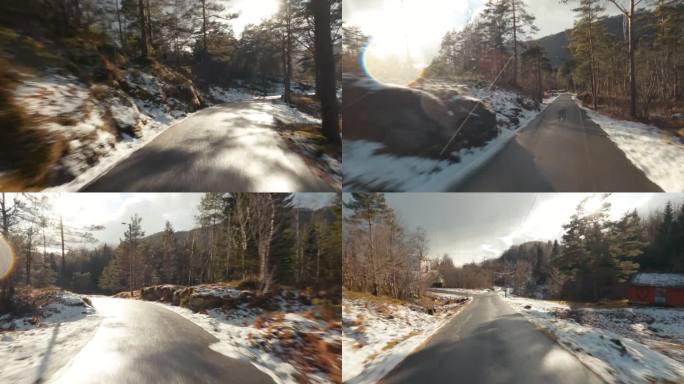 POV汽车在雪中行驶:挪威的山口