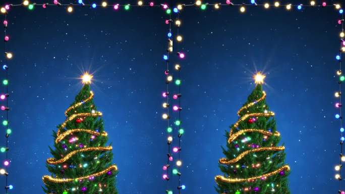 圣诞贺卡与现实的圣诞树和闪烁的光框架在蓝色背景垂直格式