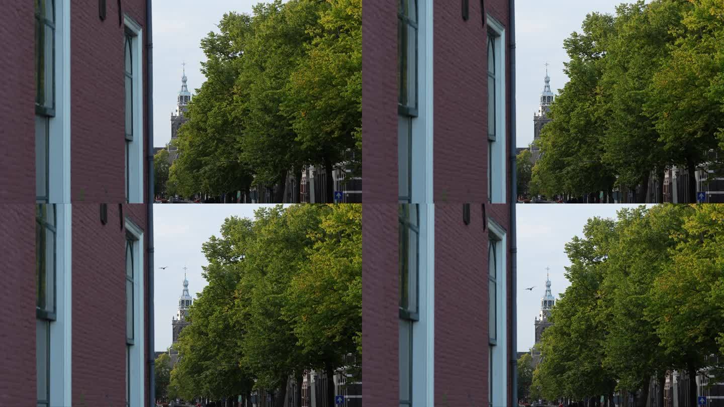 荷兰豪达教堂的红砖外墙，远处有郁郁葱葱的绿树。宽