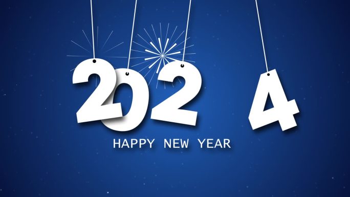 2024年新年快乐，烟花和蓝色背景的复制空间