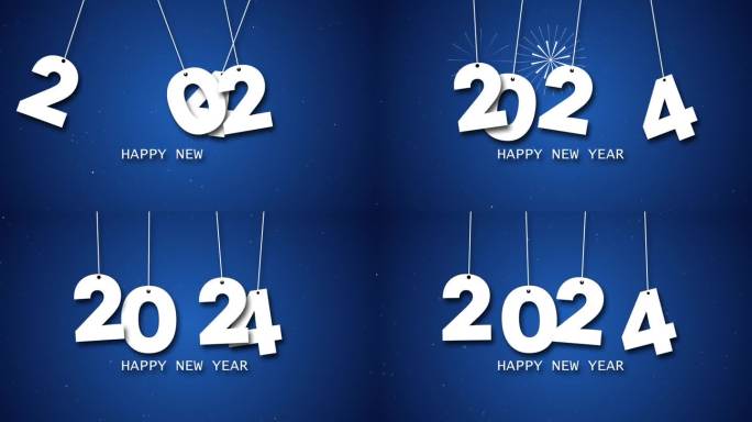 2024年新年快乐，烟花和蓝色背景的复制空间
