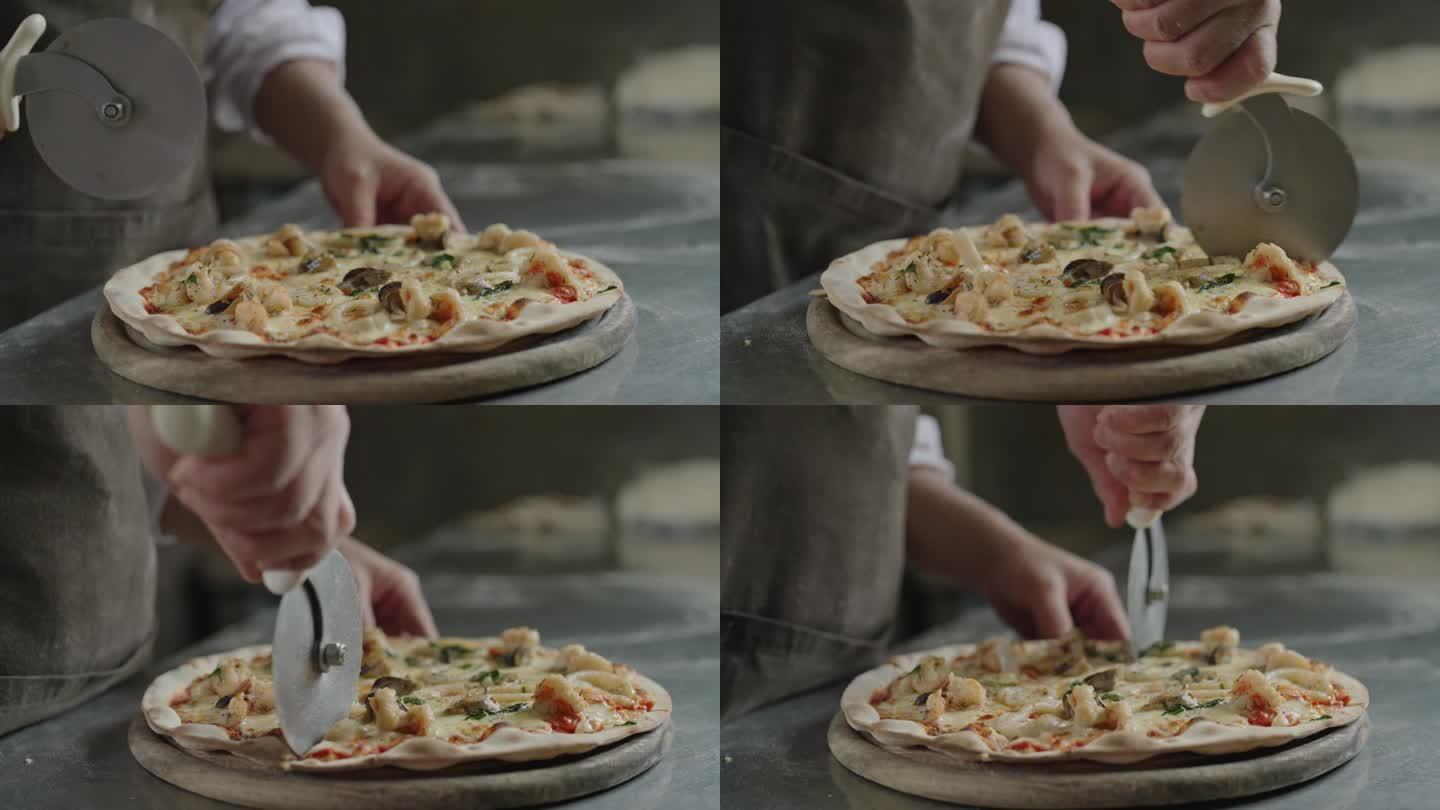 厨师用披萨刀切美味的披萨
