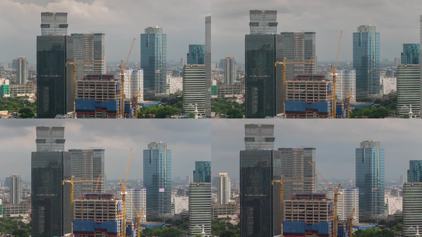 白天雅加达市中心建筑屋顶全景4k延时拍摄印度尼西亚