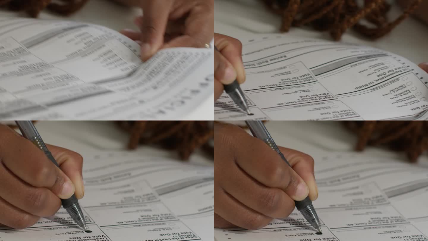 手持特写镜头，一位黑人妇女在家中为总统、参议院、国会或地方选举提前邮寄选票投票