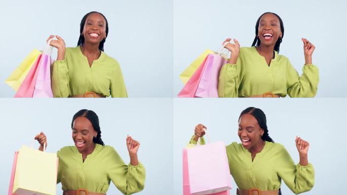 快乐的黑人妇女，购物袋和跳舞庆祝，销售或折扣背景的工作室。兴奋的非洲女性或购物者开心地微笑着在实体空