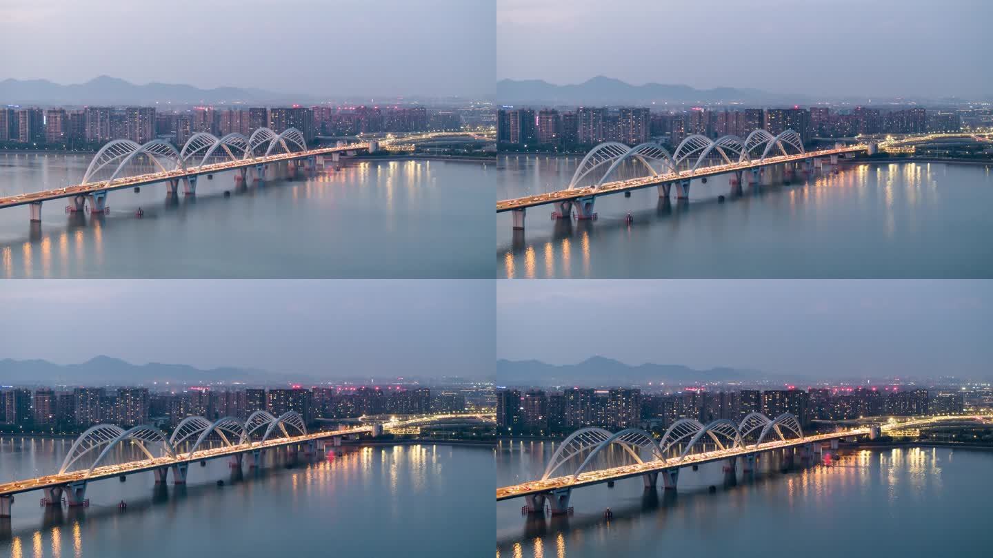4K航拍延时摄影 日转夜 钱塘江九堡大桥
