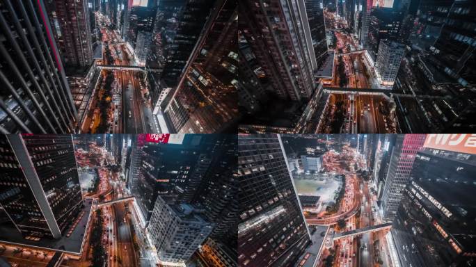 夜间城市空中的汽车和交通