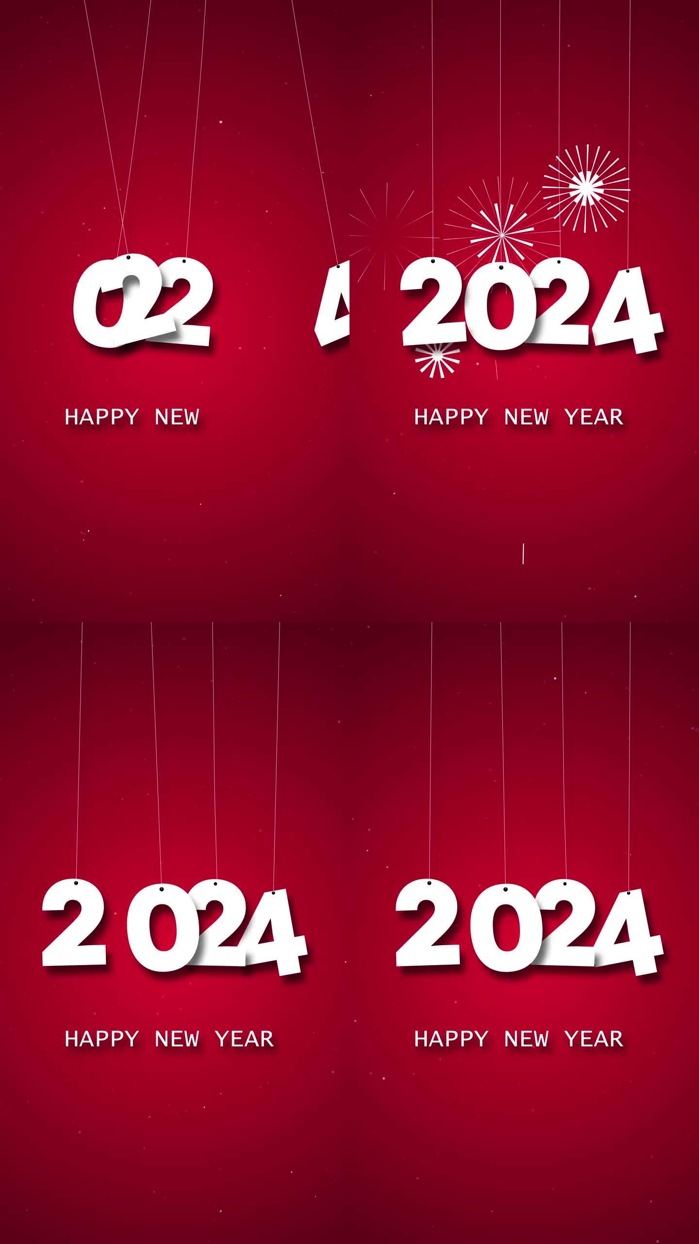 新年快乐2024落在弦概念与烟花和复制空间在红色背景