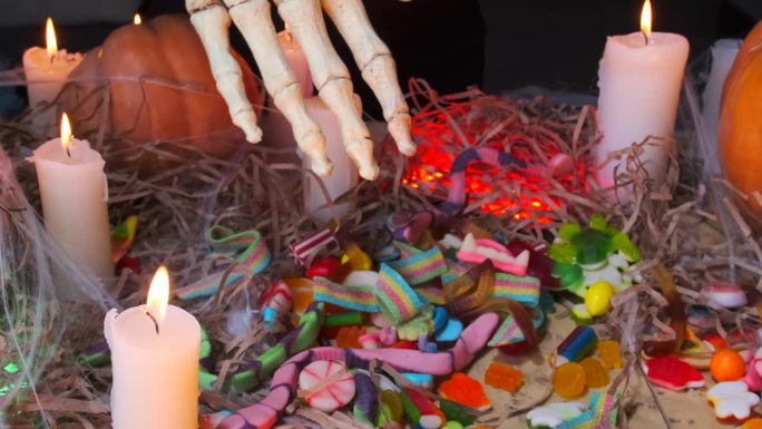 一堆不同颜色和形状的糖果落在地板上，一只令人毛骨悚然的骷髅手在索要糖果