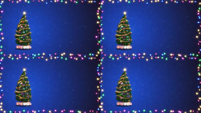 圣诞贺卡与现实的圣诞树和闪烁的灯光框架在蓝色背景