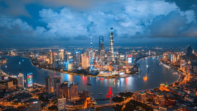 上海城市亮灯夜景航拍