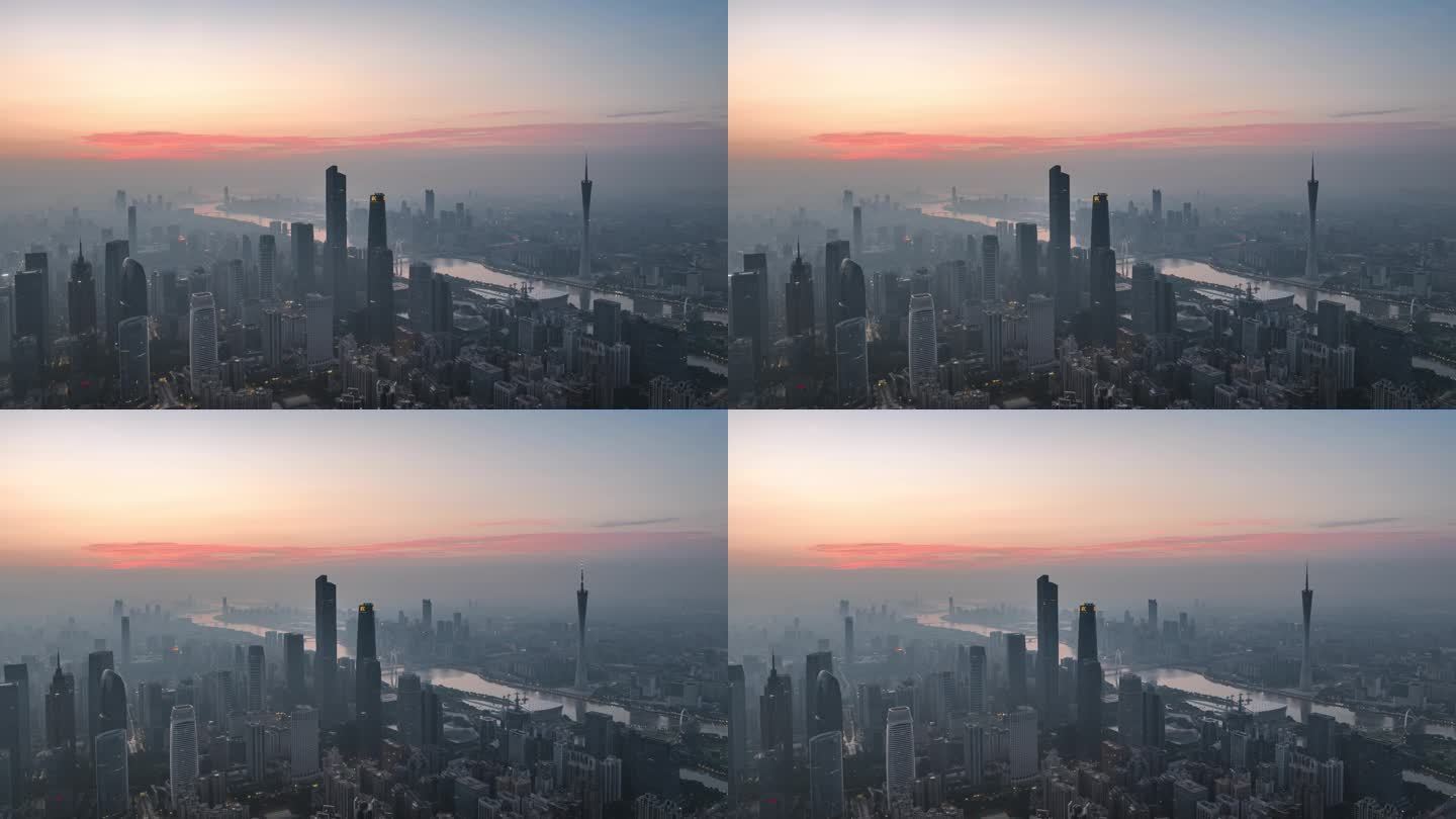 航拍早晨的珠江新城与珠江对岸的广州塔
