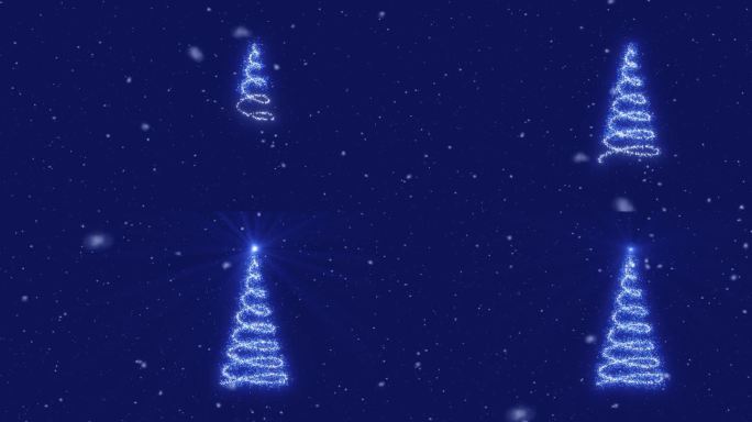 圣诞树上的彩灯从上到下闪闪发光。慢慢飘落的雪花。