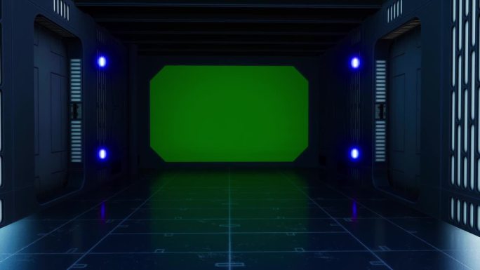 走廊外星飞船空间星星灯绿屏3D渲染动物