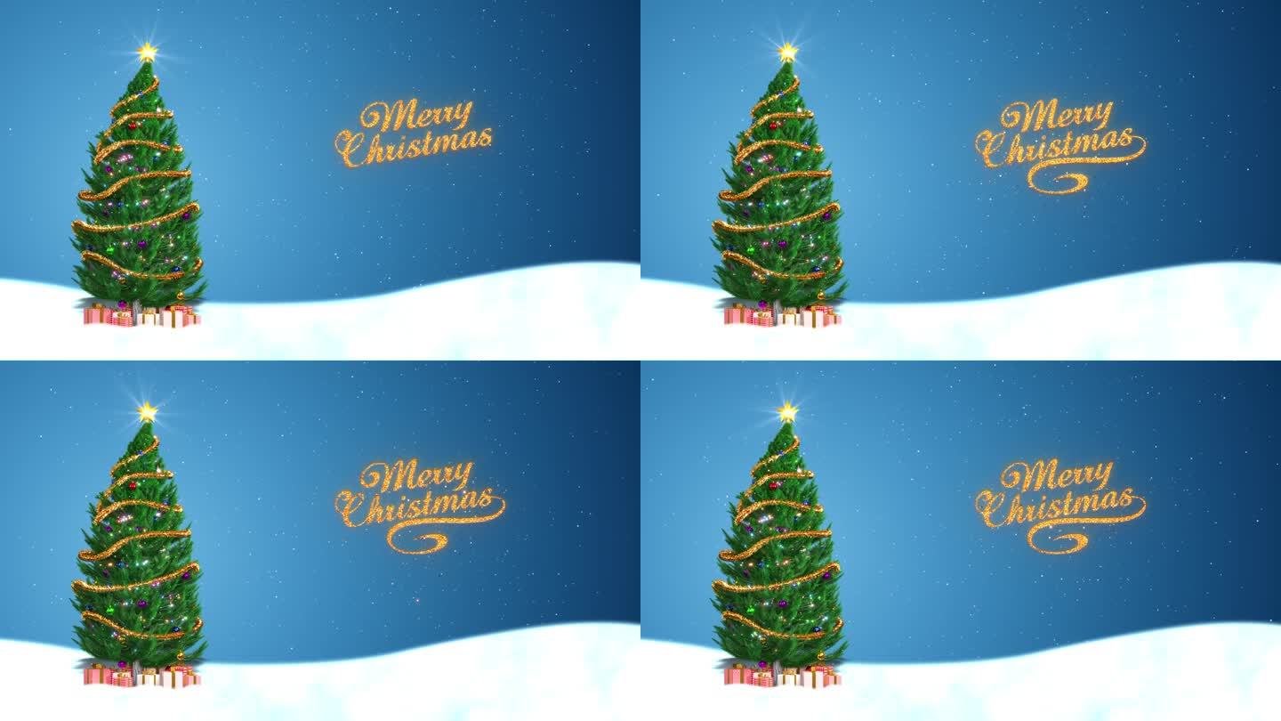 圣诞贺卡与现实的圣诞树和礼盒和雪花飘落