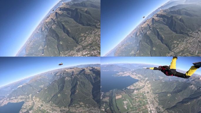 在阳光明媚的日子里，在马焦雷湖上空跳伞，俯瞰阿尔卑斯山