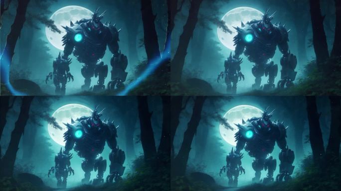 4K恐怖科幻野兽机器人夜晚在森林