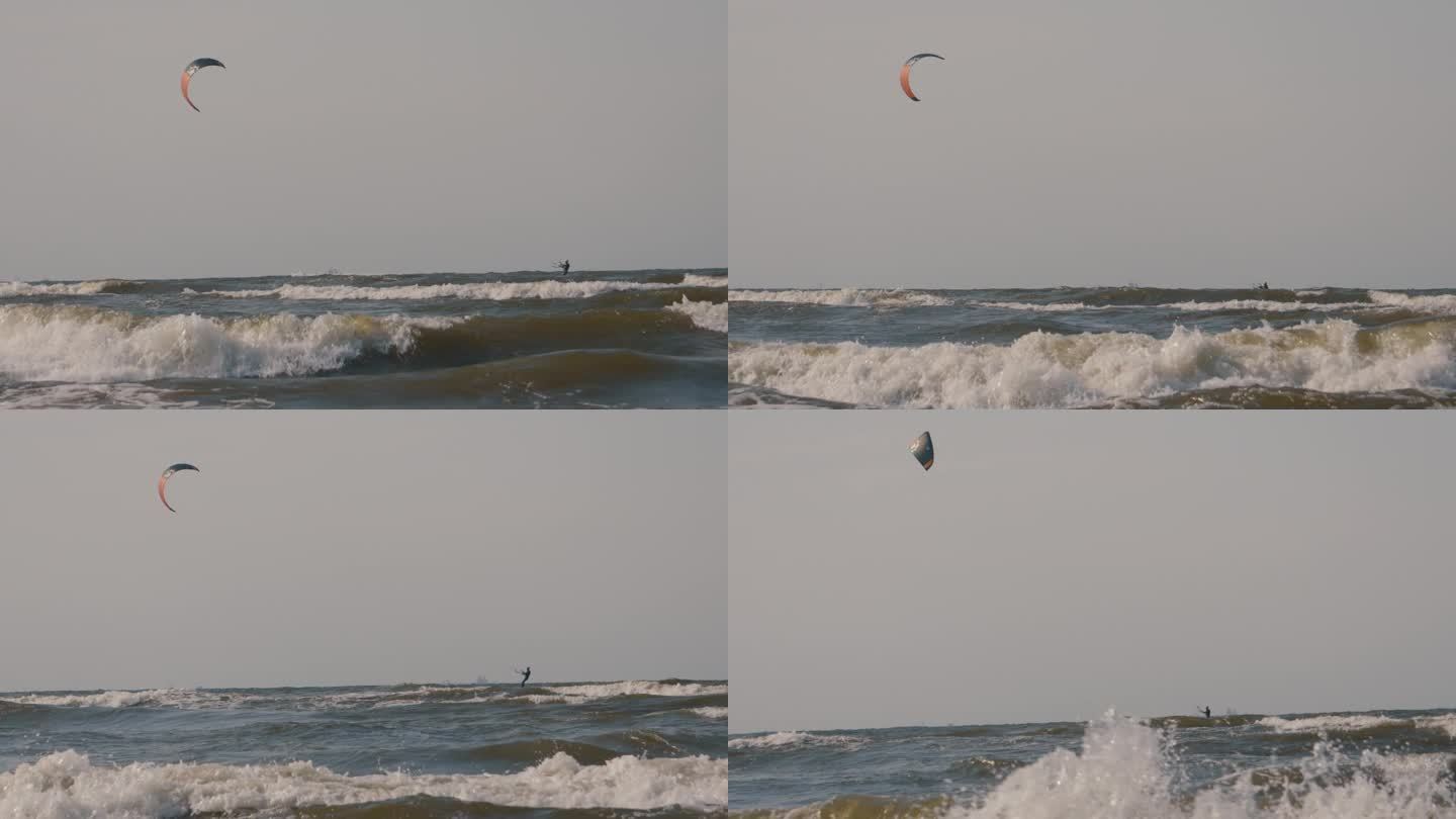 风海上的风筝板海面慢动作飞溅